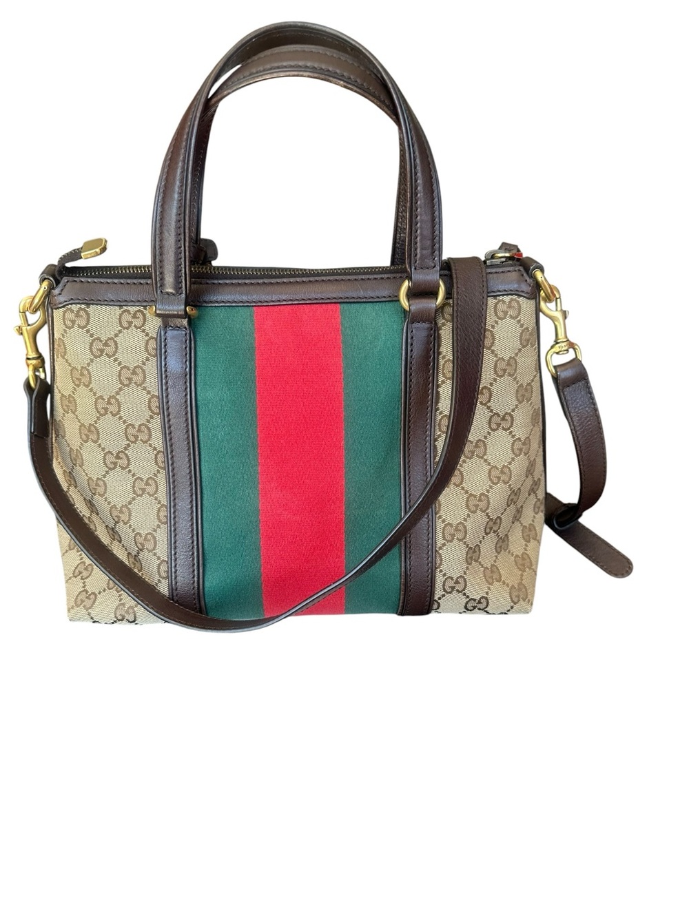 Gucci Brown Canvas & Leather Tote with Green and Red Stripe - Picture 2 of 10